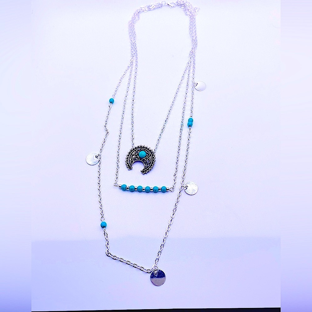 -SOLD-Beautiful Silver tone and Turquoise Multilayer Boho Necklace YS